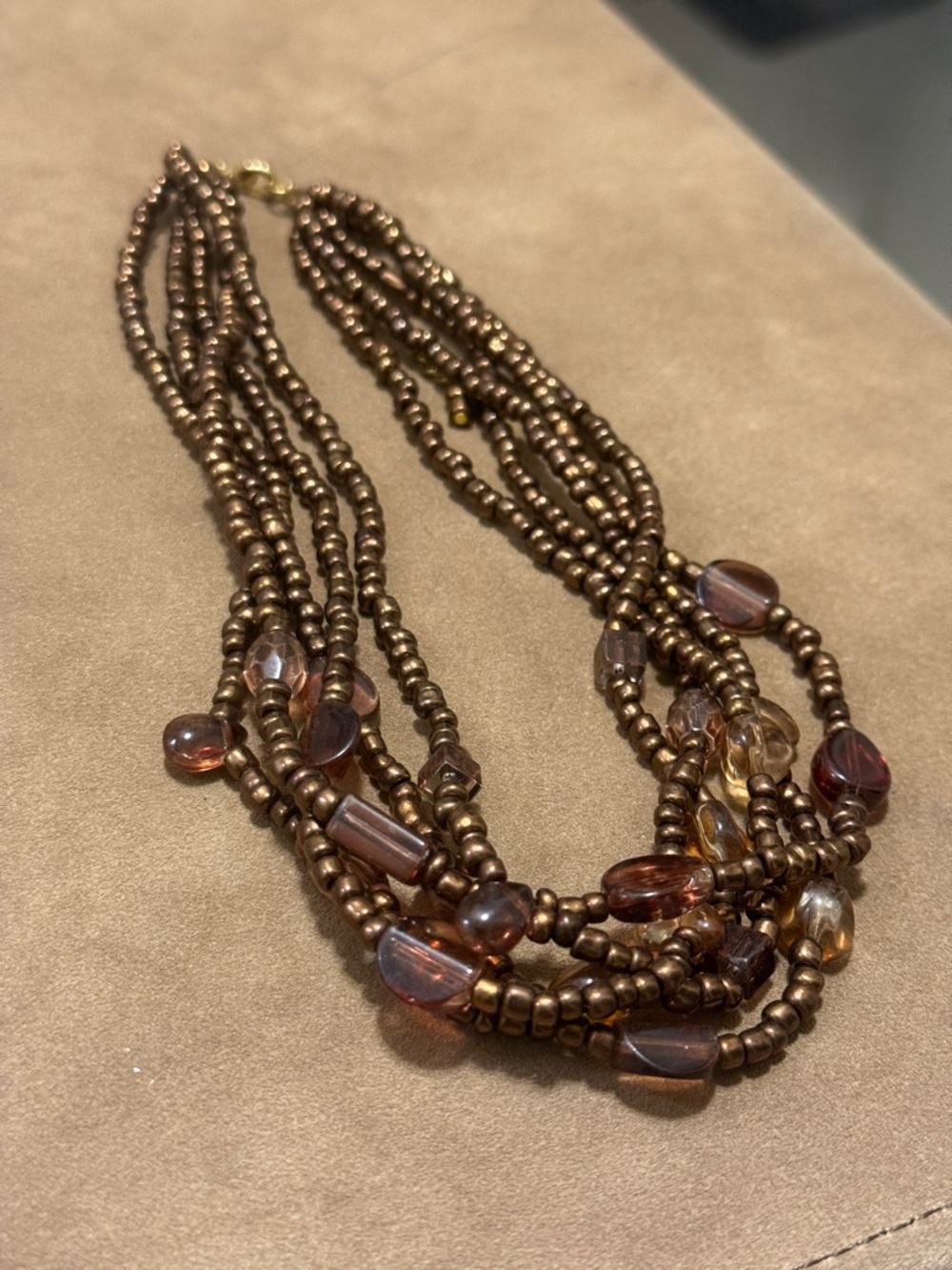 Multi-Strand Brown Beaded Necklace with Amber Accents